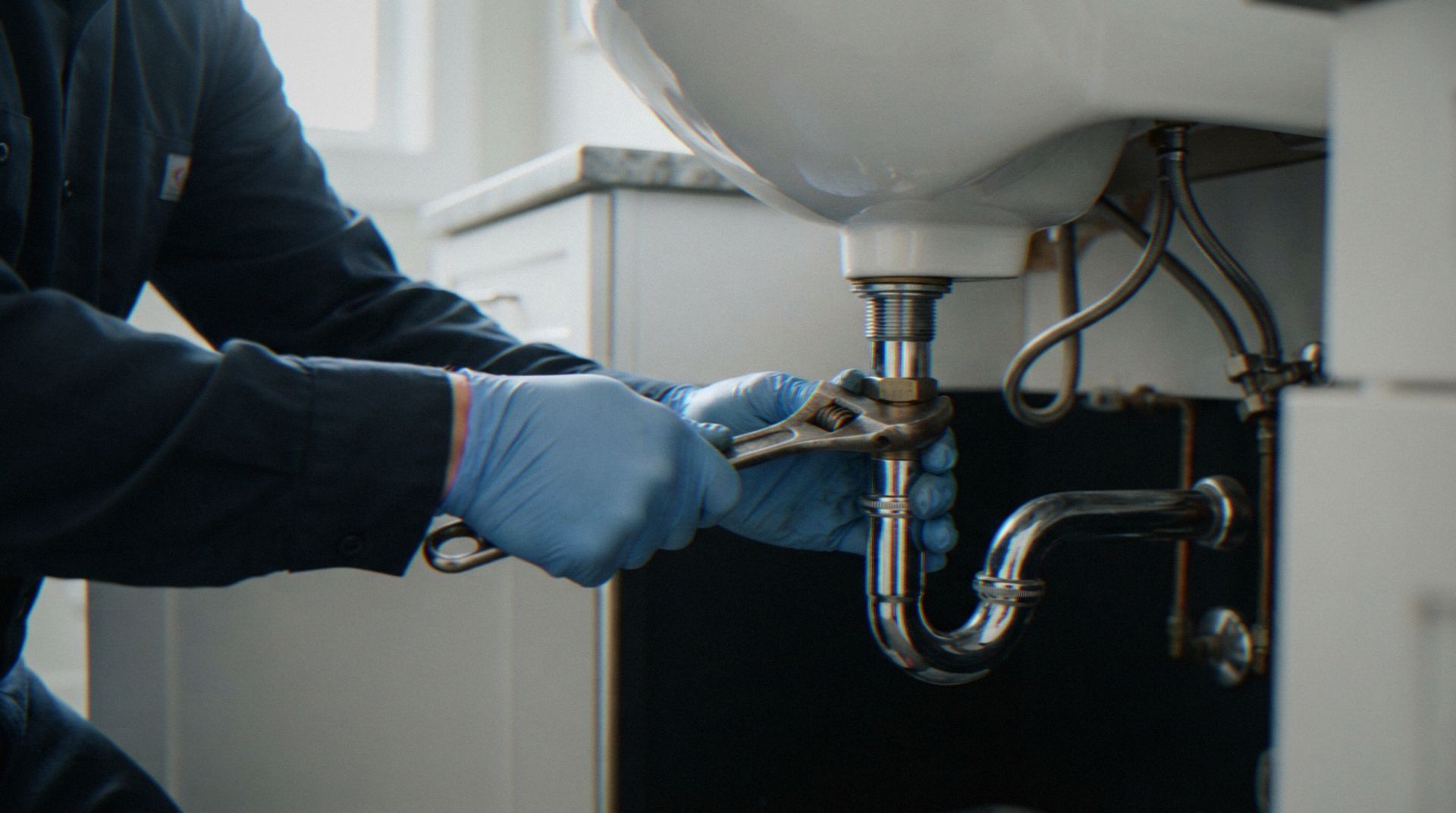 Gloved plumber tightening sink drain pipe under a bathroom sink
