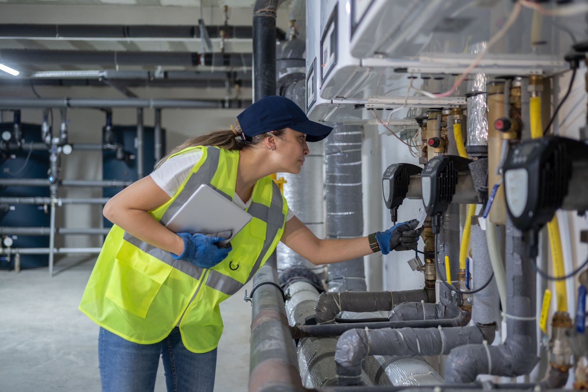 Woman in safety vest inspects pipes with a laptop in a mechanical room.