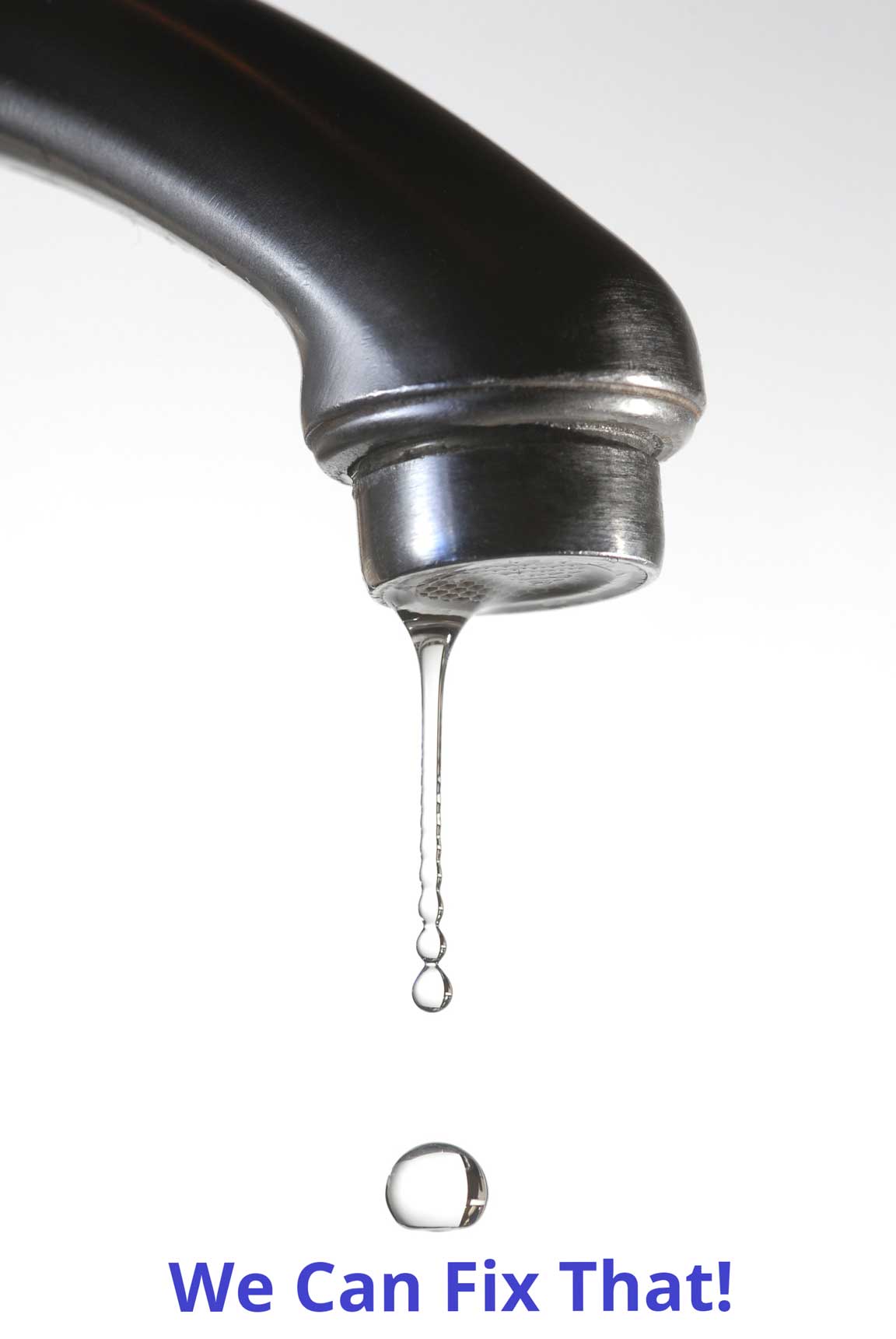 Dripping faucet with a water droplet falling; text says