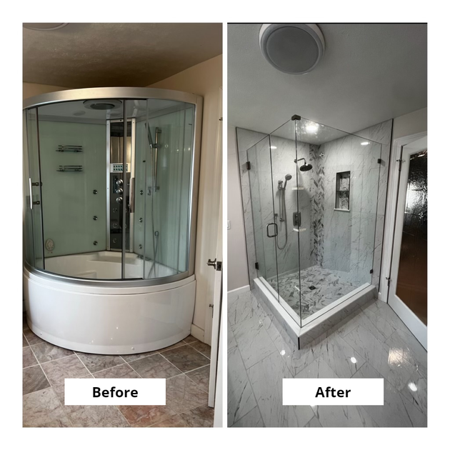 Before-and-after of a shower remodel: once bulky and enclosed, now sleek and modern with a spacious glass enclosure.