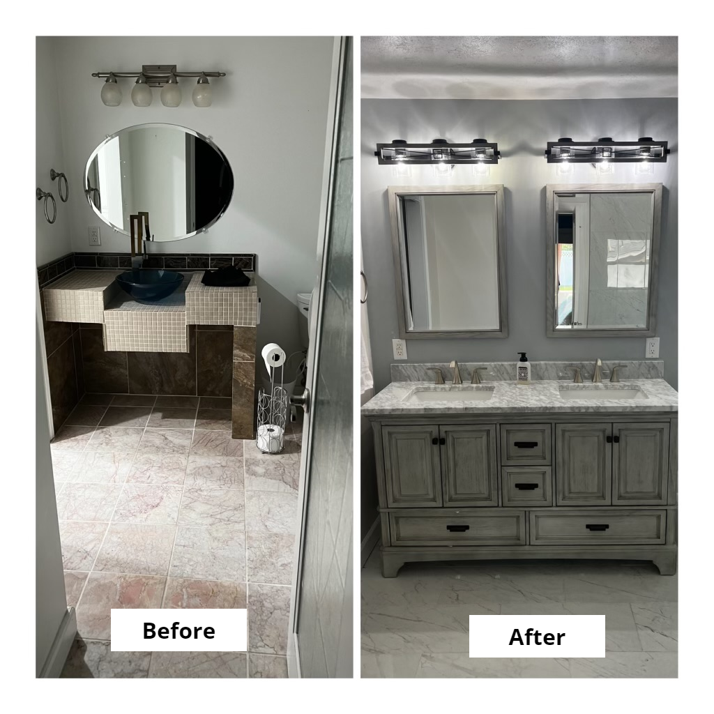 Bathroom remodel: before & after. Beige tile, a pedestal sink vs. a double vanity with light fixtures.