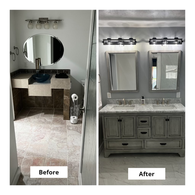 Bathroom renovation before and after: left shows outdated vanity, right features a double vanity with modern fixtures.