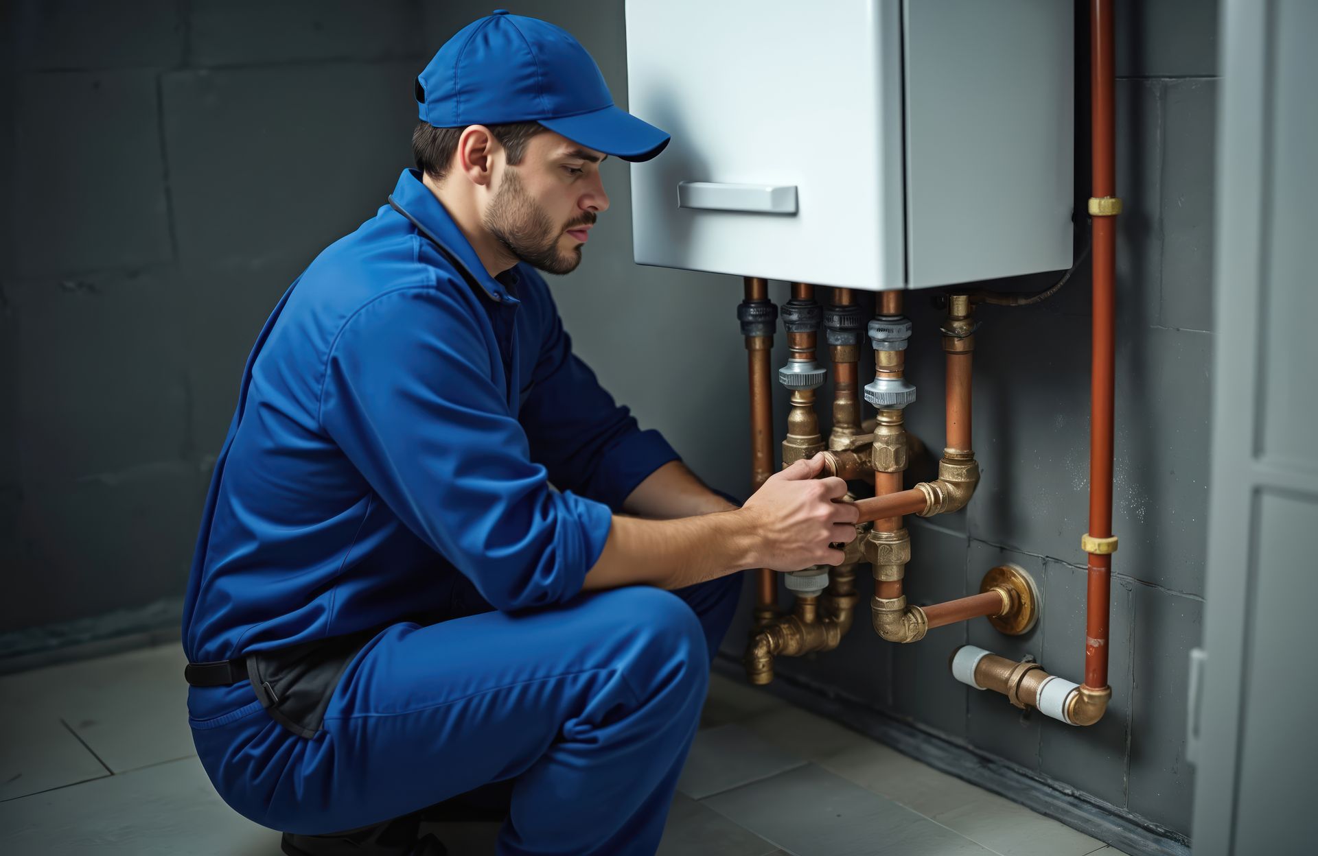 A plumber is working on a boiler in a room.