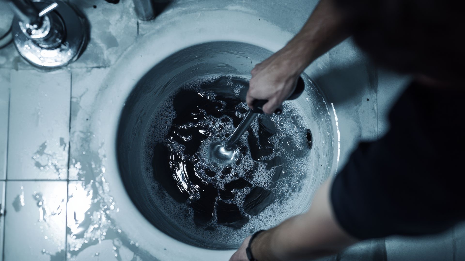 A person is cleaning a sink with a spoon.
