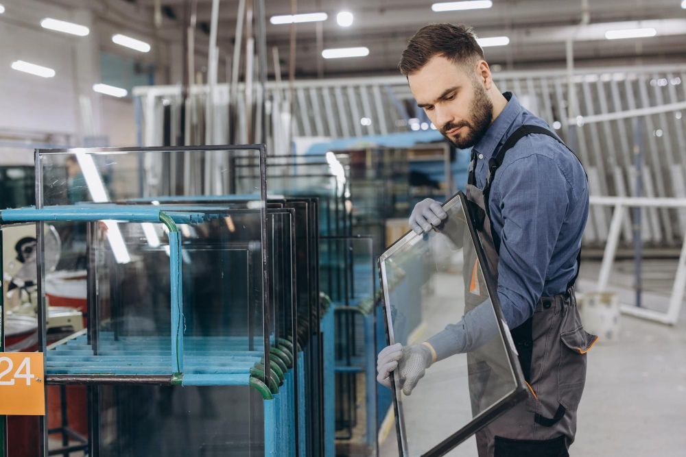 Un trabajador inspecciona un panel de vidrio en una fábrica, usando guantes y sosteniendo el panel en posición vertical.