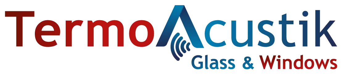 Logotipo de TermoAcustik en color granate y azul con las palabras “Glass & Windows” debajo.