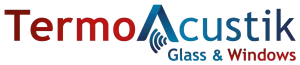 Logotipo de TermoAcustik en color granate y azul con las palabras “Glass & Windows” debajo.
