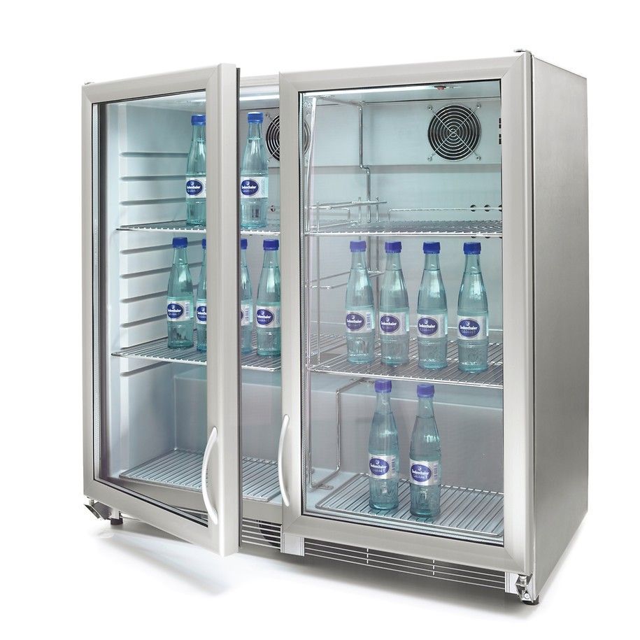 Nevera abierta de acero inoxidable para bebidas con puertas de cristal, con capacidad para varias botellas de agua