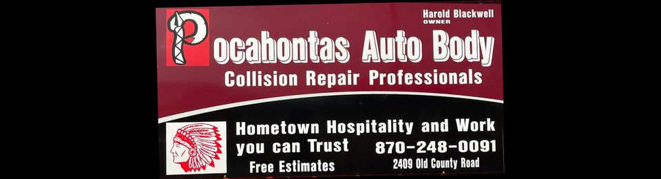Pocahontas Auto Body collision repair sign with contact info and red logo on black background