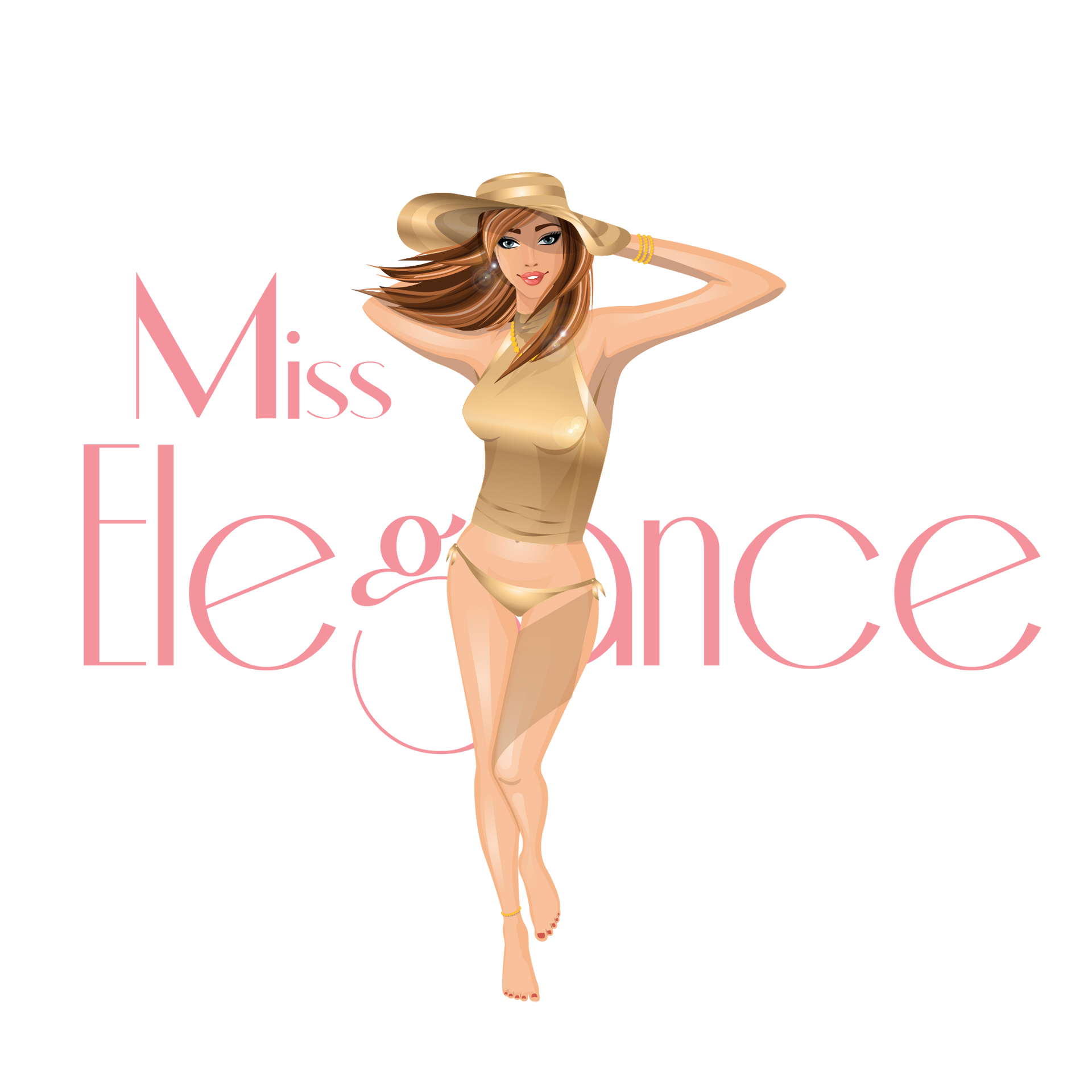 Het logo van Miss Elegance toont een vrouw in een gouden outfit en hoed, geflankeerd door roze tekst.