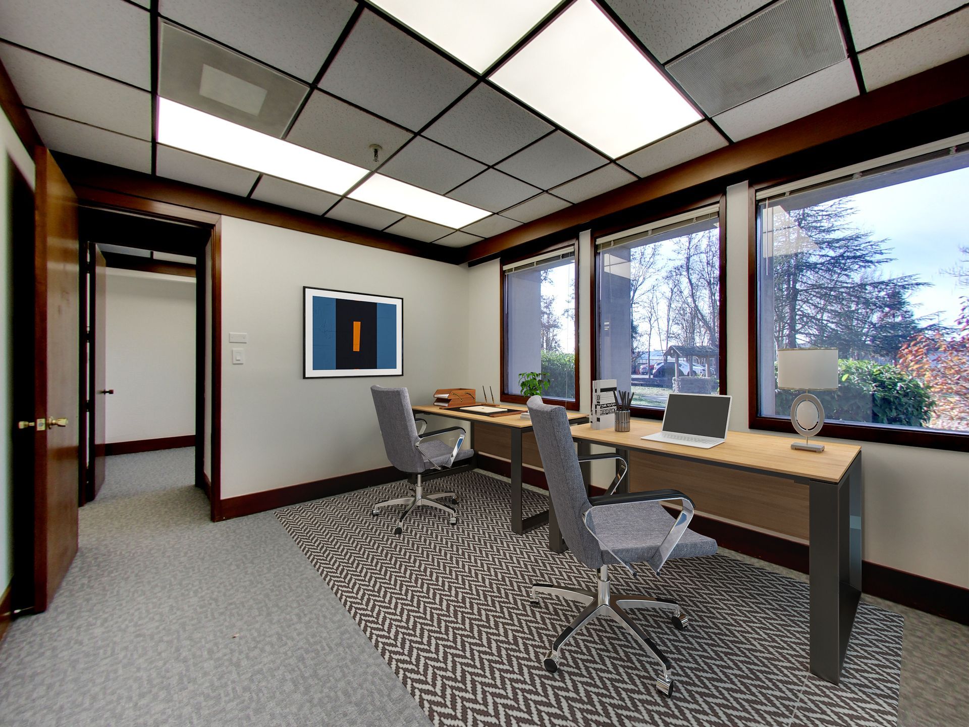 Photo of office interior with desk facing outward