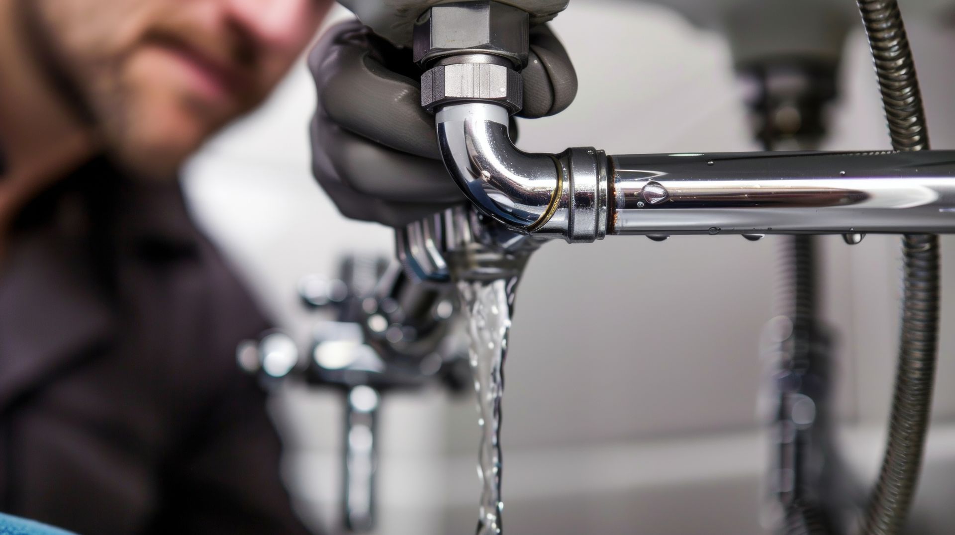 A plumber is fixing a leaking pipe in a bathroom.