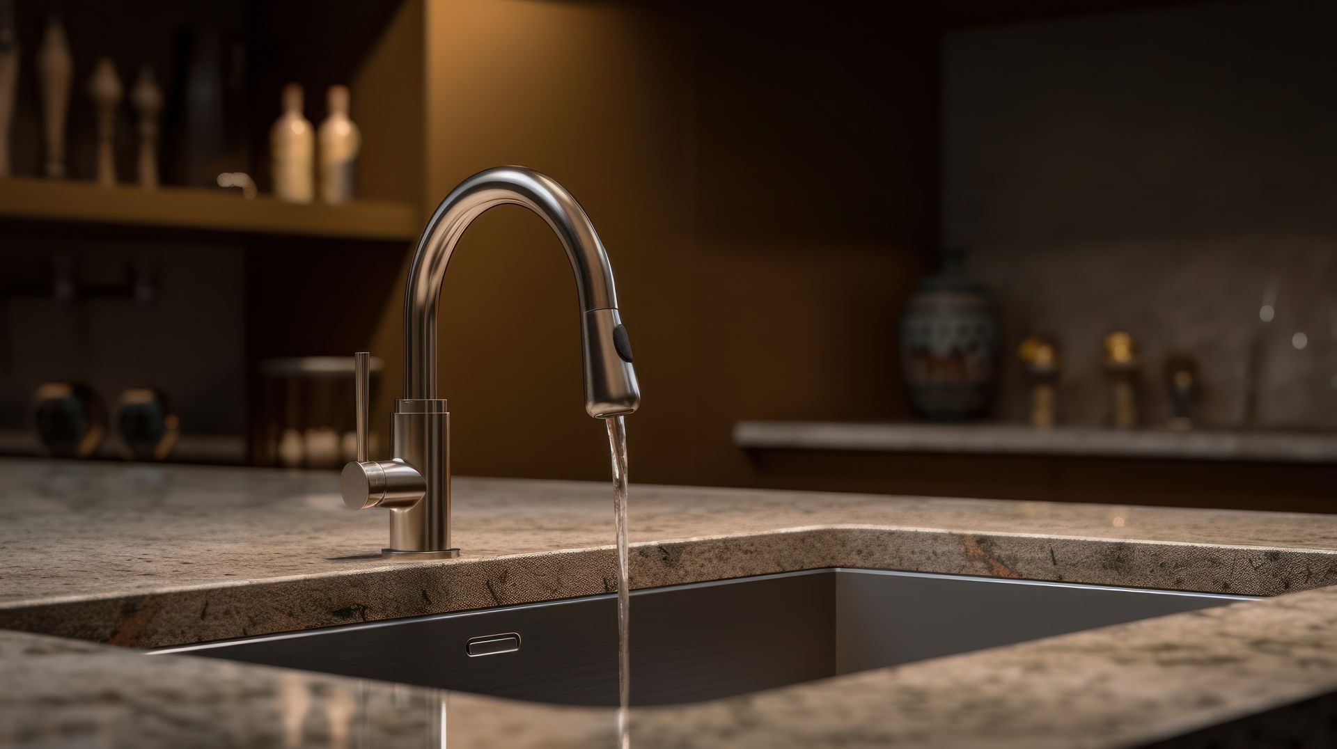 A kitchen sink with water running from the faucet.