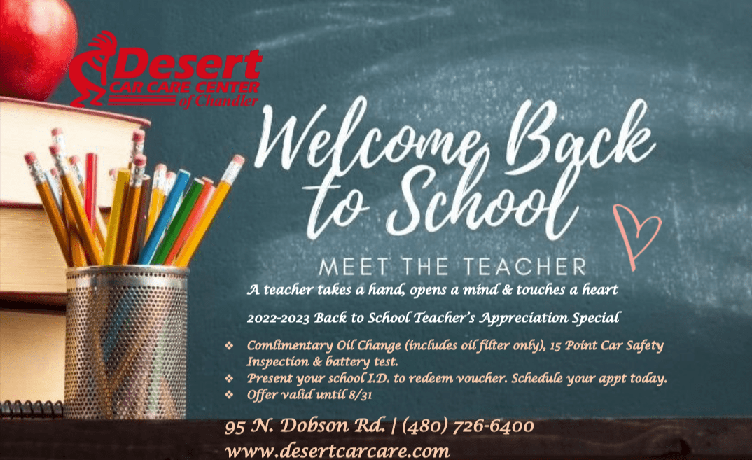 Back to School flyer with pencil cup and colorful pencils, chalkboard-style text, and Desert logo