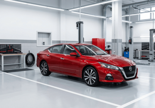 Red Nissan Altima sedan parked inside a clean, modern auto repair shop