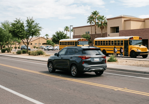 Dark gray Chevrolet Blazer driving through a school zone near students and school buses