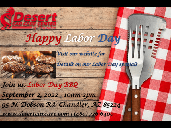 Desert Care Center Labor Day BBQ flyer with grill food, red checkered cloth, and wooden utensils
