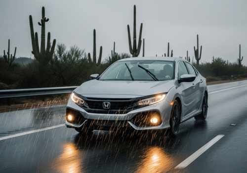Silver Honda driving on a rainy road with headlights on, desert cacti in the background