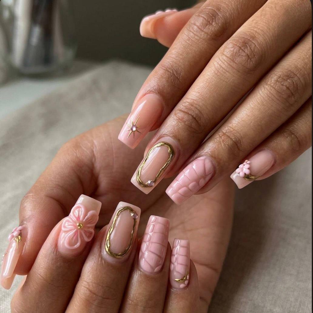 Elegant floral nude pink Acrylic nails- Instant Luxury