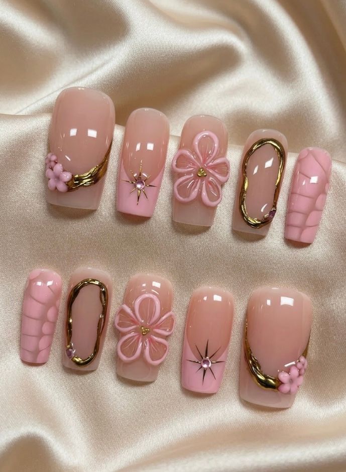 Elegant floral nude pink Acrylic nails- Instant Luxury