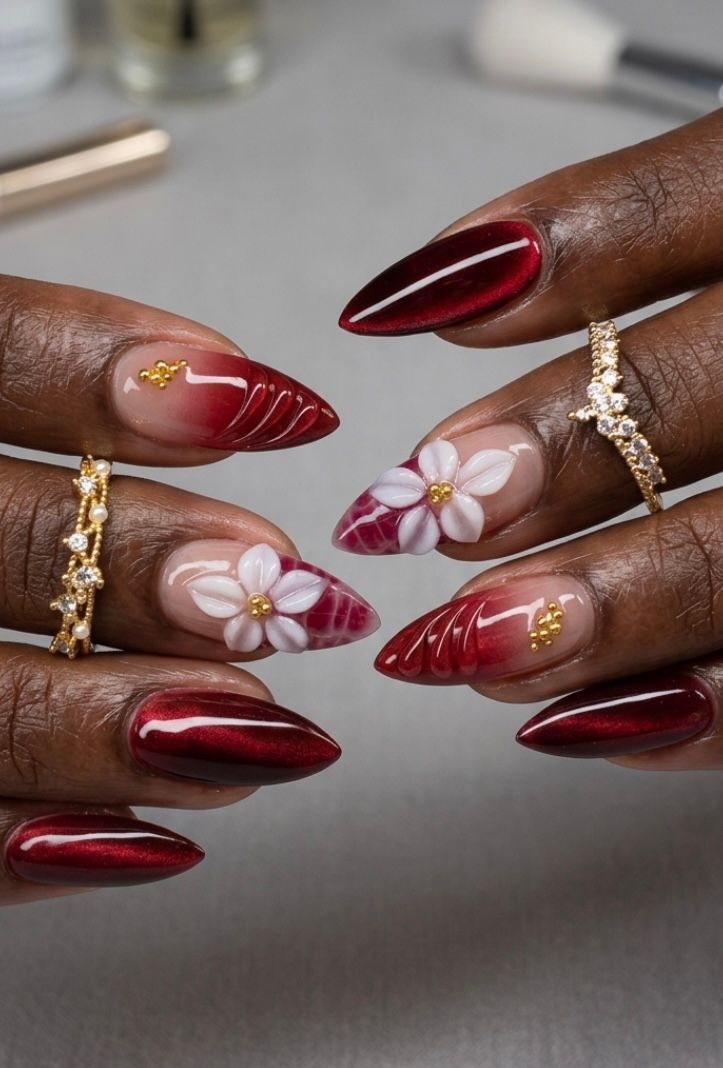 Stunning Floral Red Velvet Nails
