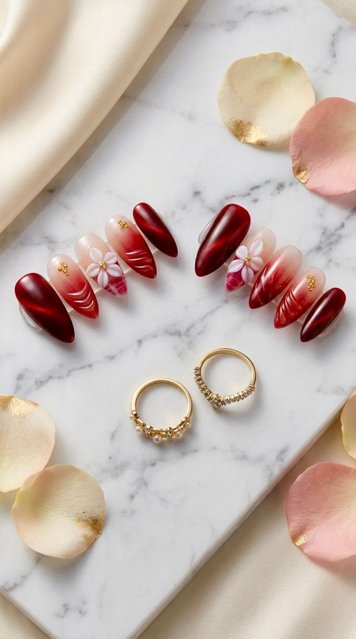 Stunning Floral Red Velvet Nails