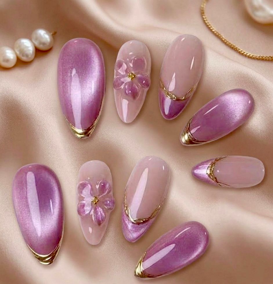 Vibrant Purple Crystal Cat-eye Acrylic Nails