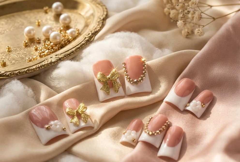 Chic short French tip nails adorned with elegant golden bows