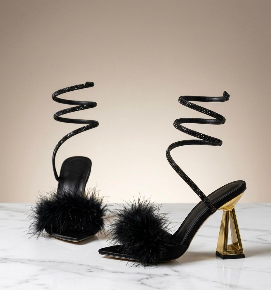 Chic Black Heels with a luxurious satin-like faux fur finish.
