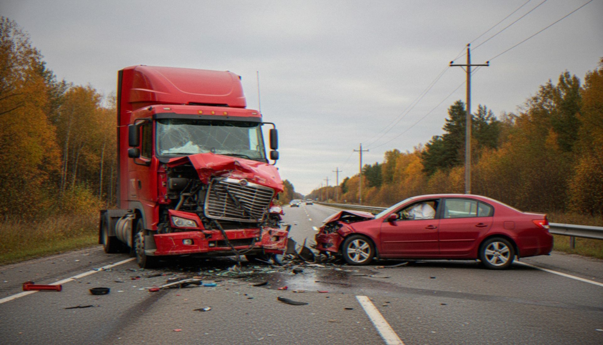 A crashed red semi-truck with crumpled front end next to a wrecked red sedan on a highway A crashed red semi-truck with crumpled front end next to a wrecked red sedan on a highway