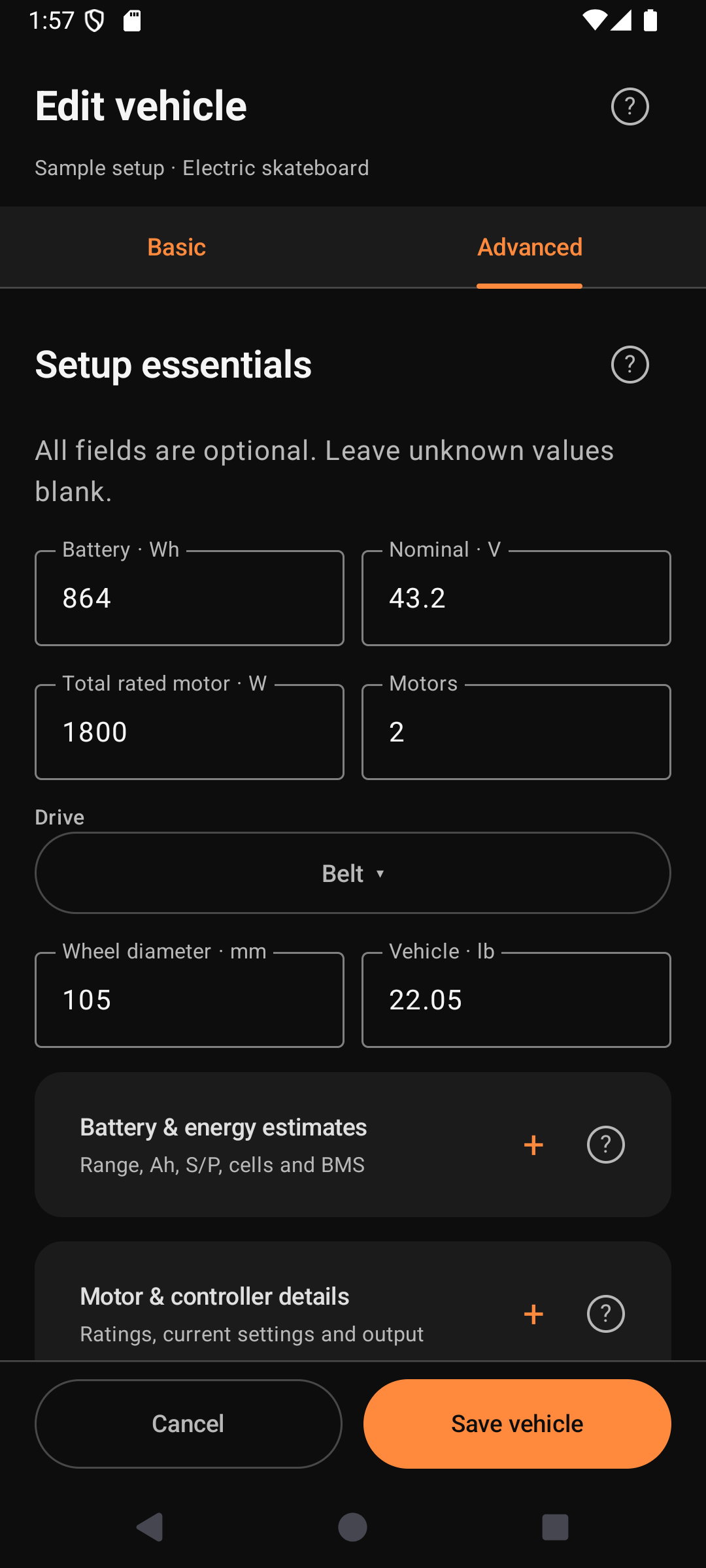 Vehicle specification fields with a sample electric skateboard setup