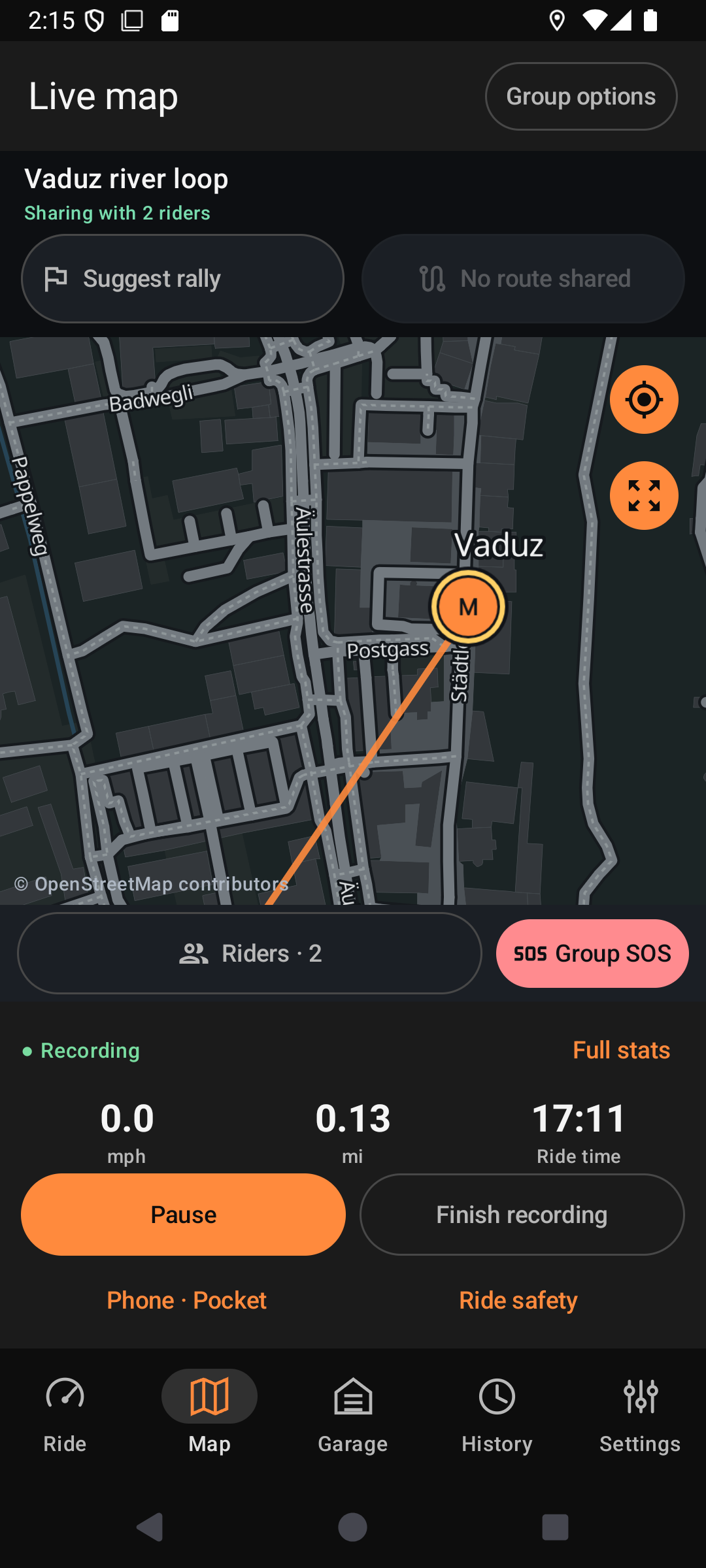 Integrated group map with simulated riders