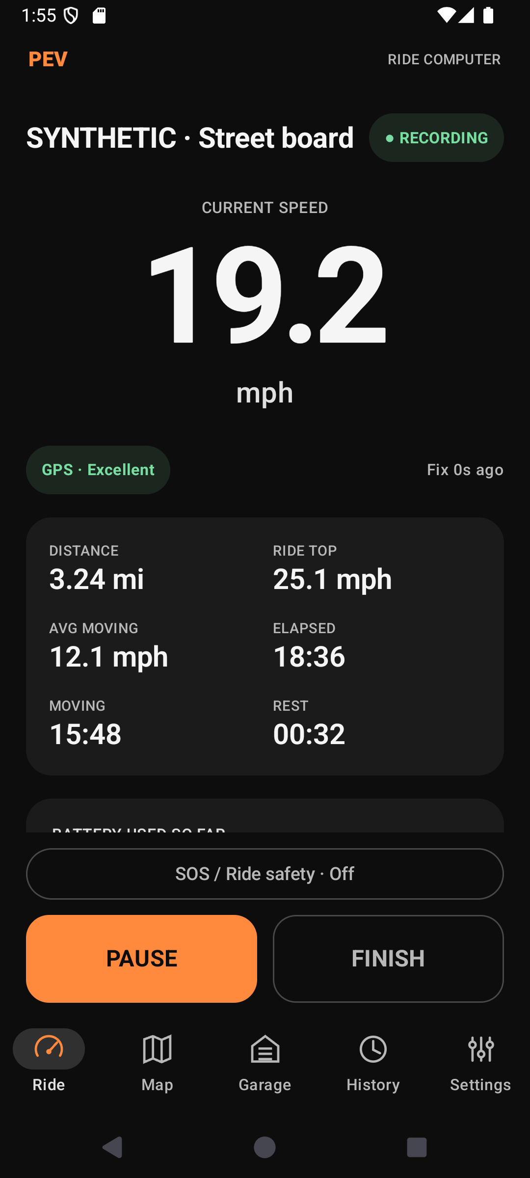 PEV Ride Computer recording screen with sample ride statistics