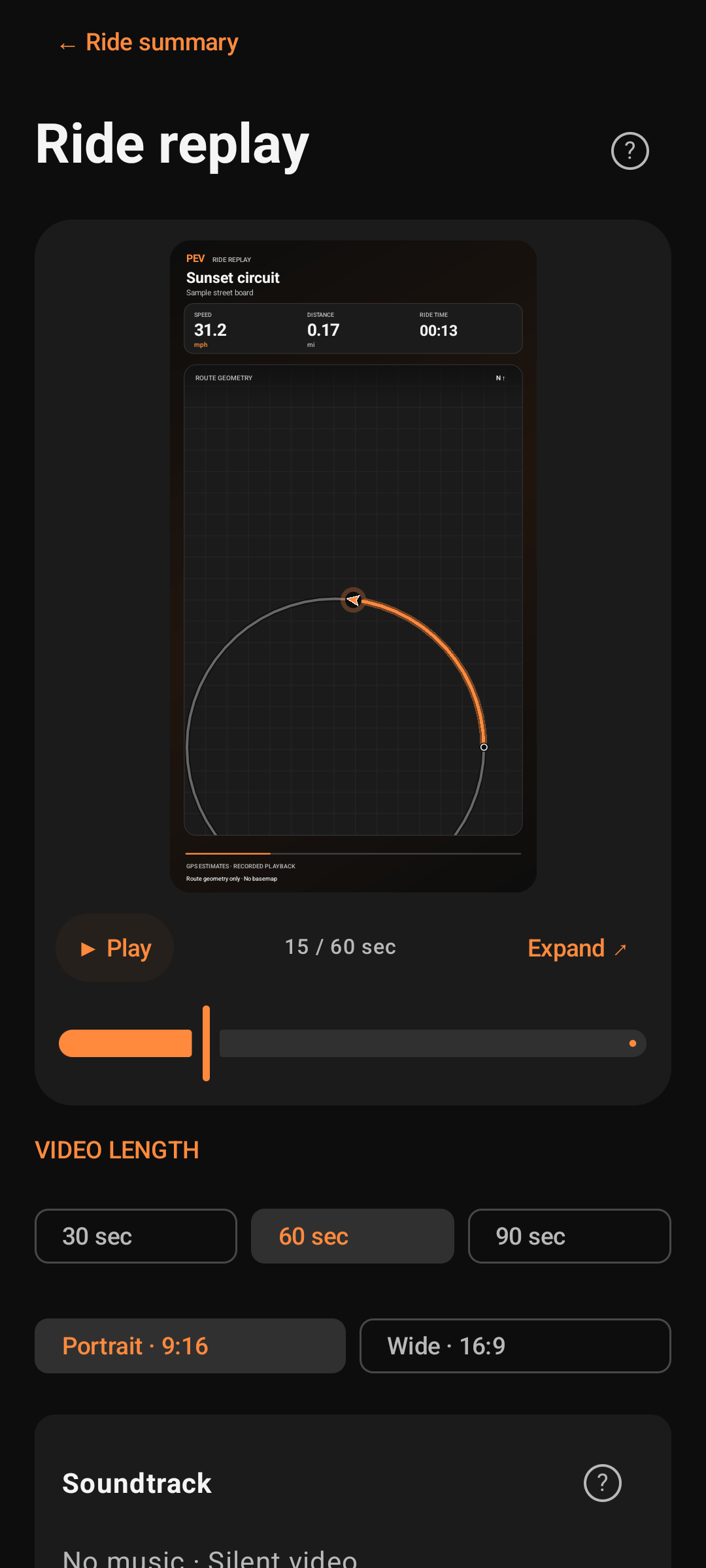 App-generated replay preview with a synthetic route and ride statistics