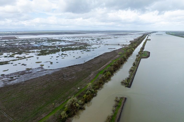 Aerial view of a flooded river landscape beside a long levee.