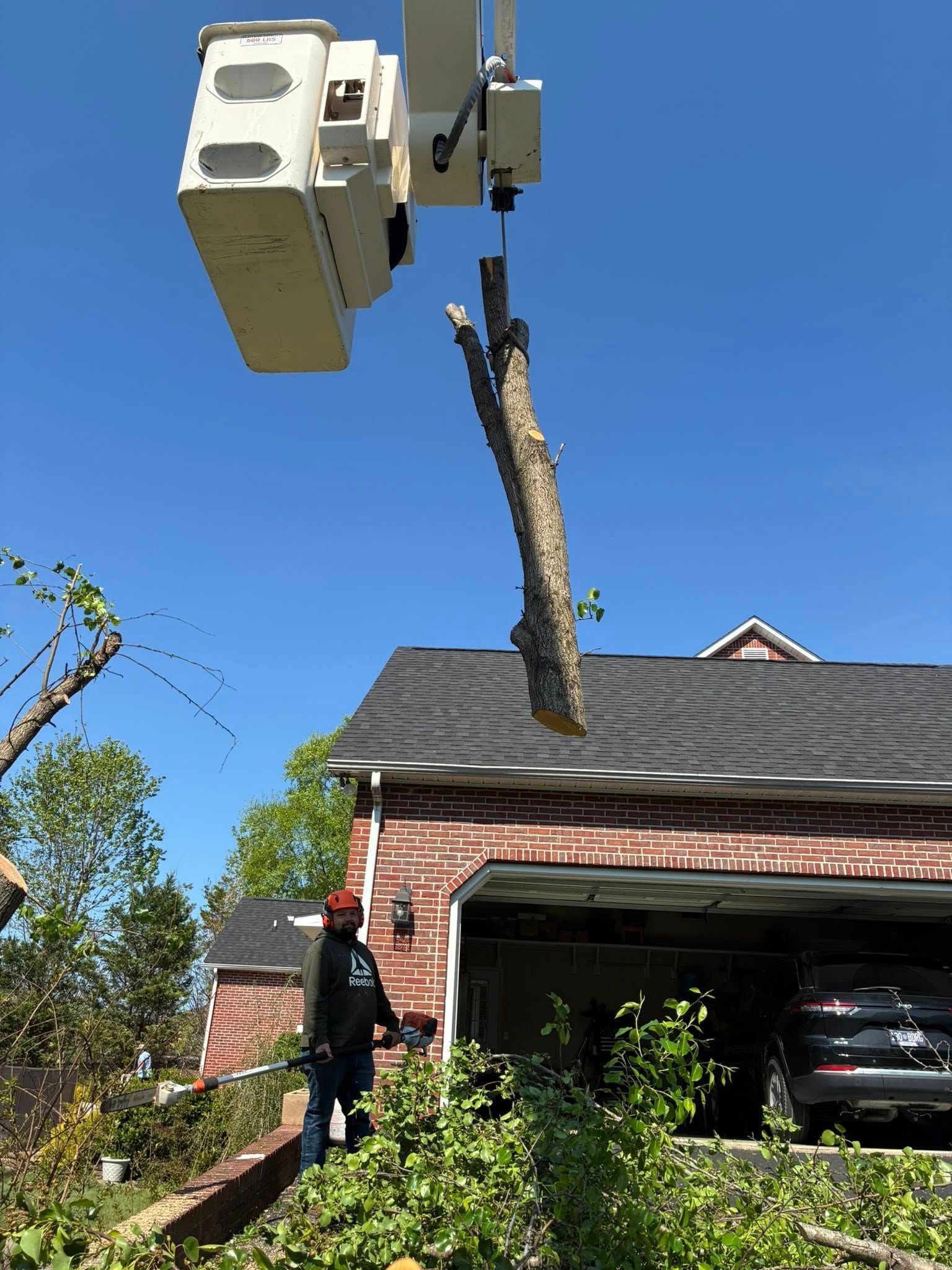 Utility bucket truck hoisting a cut tree trunk above a brick garage, worker standing below Utility bucket truck hoisting a cut tree trunk above a brick garage, worker standing below