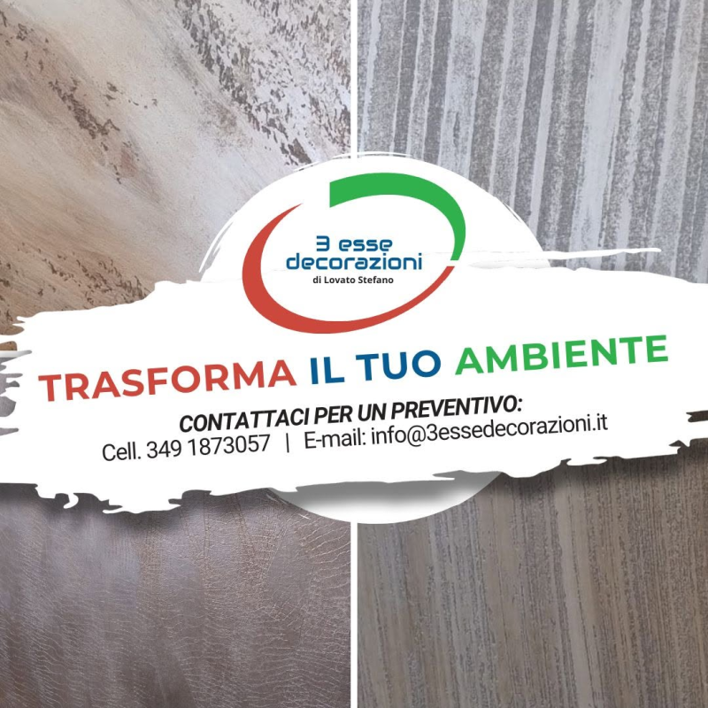 Decorative wall sign for 3 Esse Decorazioni with slogan “Trasforma il tuo ambiente” and contact details