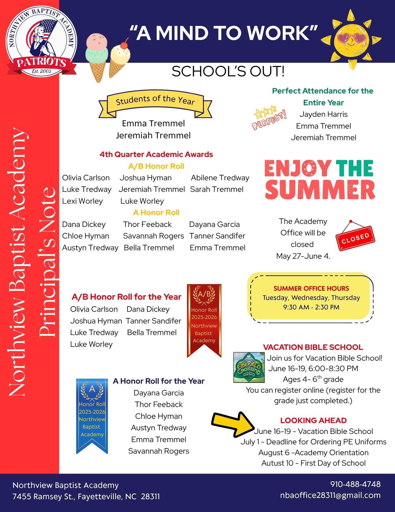 Newsletter for Northview Baptist Academy dated January 27, 2026, featuring academic awards, school updates, and events.