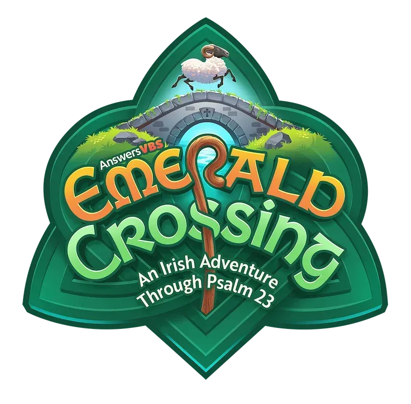 Logo for Emerald Crossing, featuring a shepherd's crook, a stone bridge, and a sheep on a green tri-fold background.