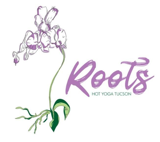 Logo for Roots Hot Yoga Tucson with a purple orchid illustration.
