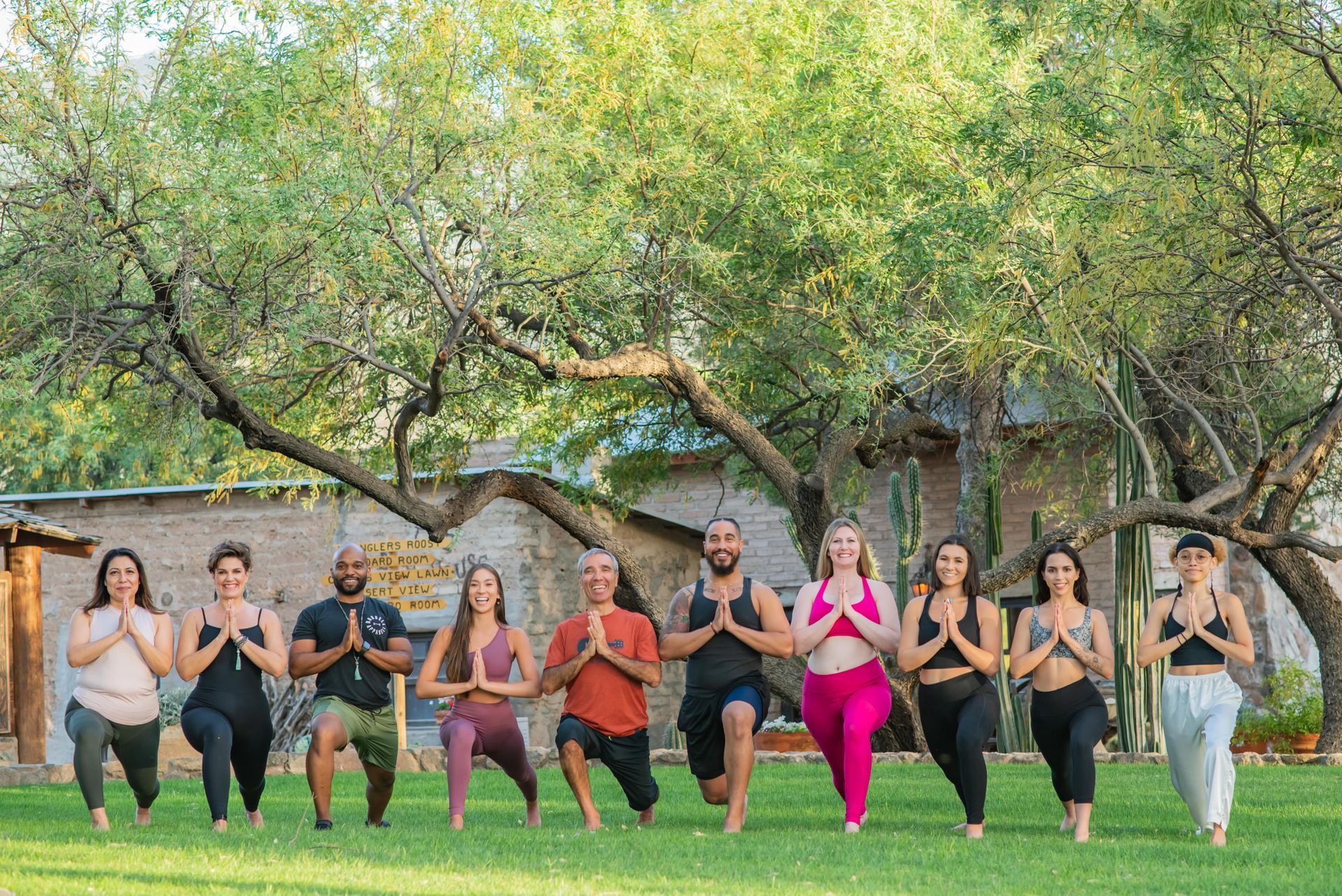 Group of people practicing yoga outdoors under a tree, hands in prayer pose, in a sunny park.