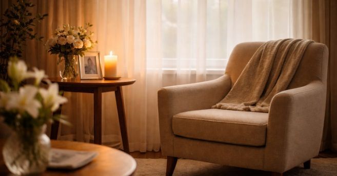 Comfortable sitting room with candle and flowers inside funeral homes Pennsburg, PA