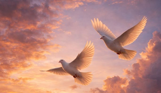 peaceful sunset sky with a pair of white doves flying across warm orange and purple clouds in Hellertown