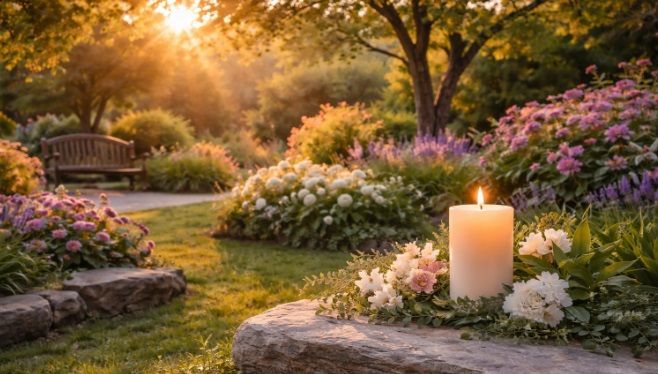garden scene glowing candle blooming flowers cremation services Allentown, PA