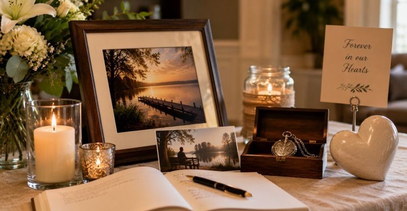 Memorial display for cremation services Pennsburg, PA with framed photos, flowers, candles,