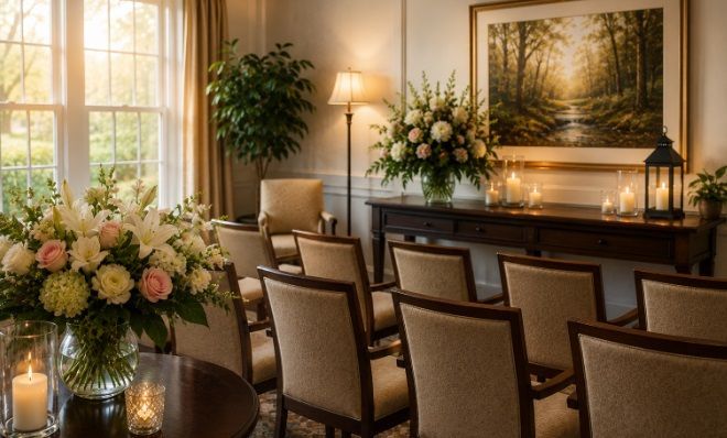 Peaceful memorial room with floral arrangements at funeral homes Hellertown, PA
