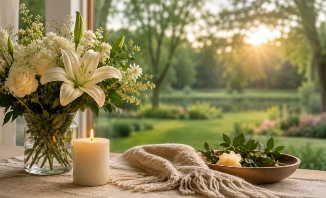 Peaceful memorial setting with flowers and candle for cremation services Allentown, PA