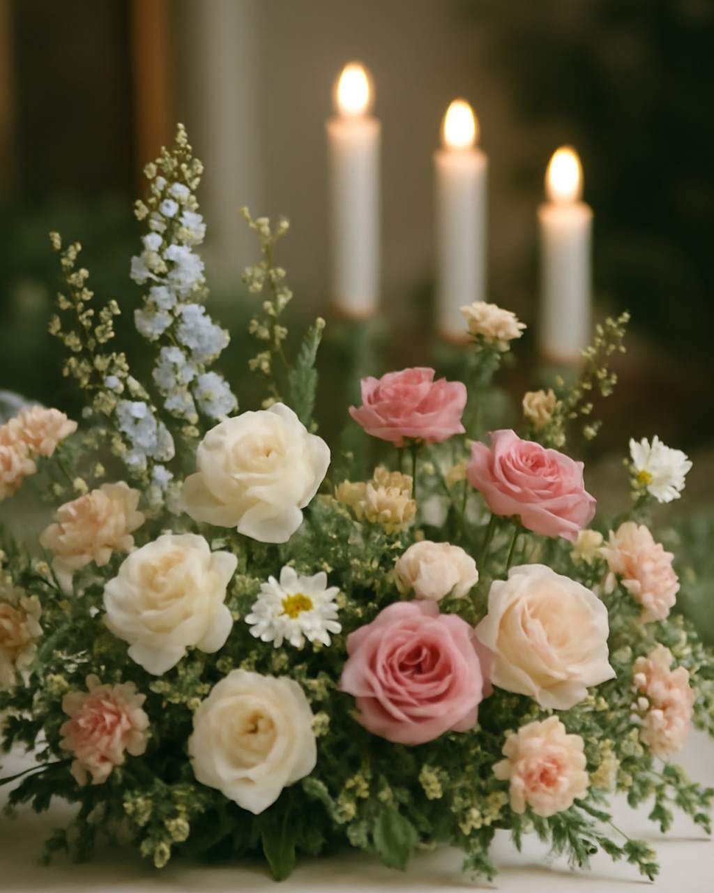 Visitation room with framed photos, flowers, and keepsakes arranged on a memorial table