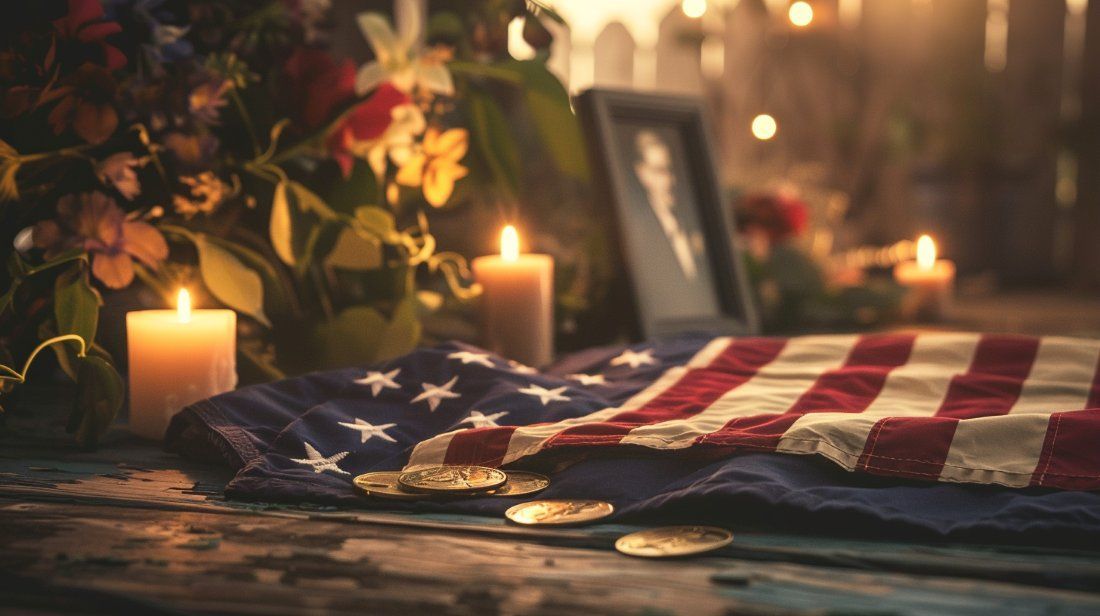 Folded American flag, medals, candles, and flowers arranged for a veterans memorial at Quakertown, PA funeral home and cremations.