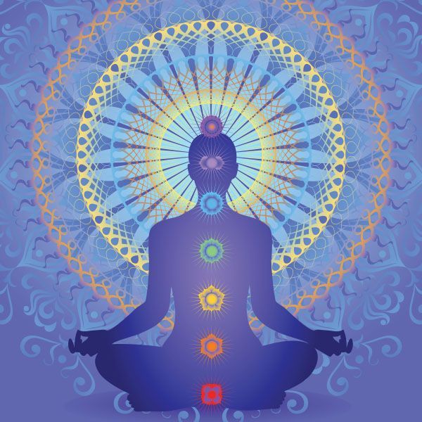 Meditating silhouette with colorful chakras and radiant mandala halo on a purple background